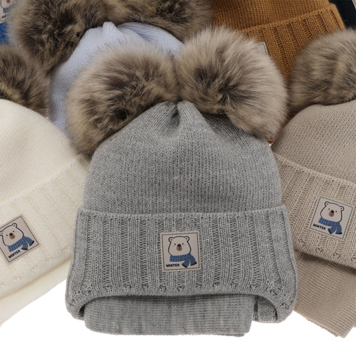 Set invernale bambino: berretto e sciarpa, blu, con due pon pon, con lacci, Jewel