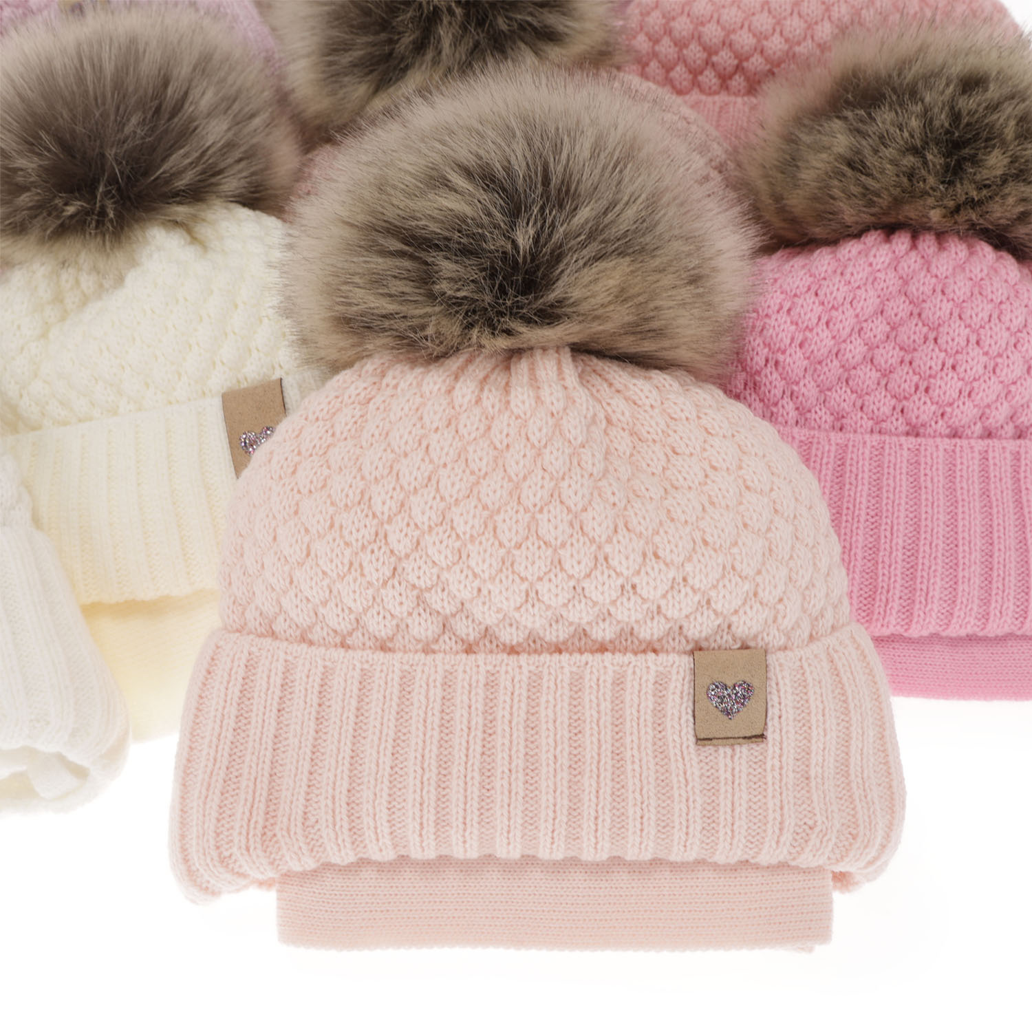 Set invernale bambina: berretto e sciarpa, rosa chiaro, con lacci, con pompon, Bianca