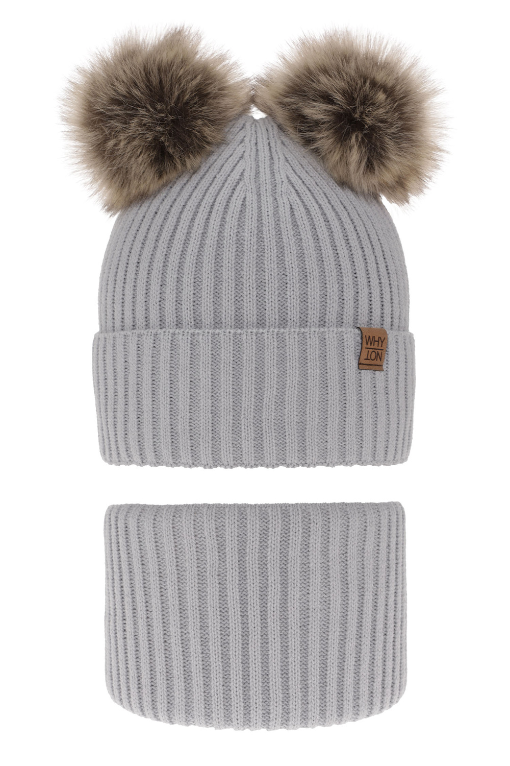 Set invernale bambino: berretto e scaldacollo, grigio chiaro, con due pon pon, Oxford