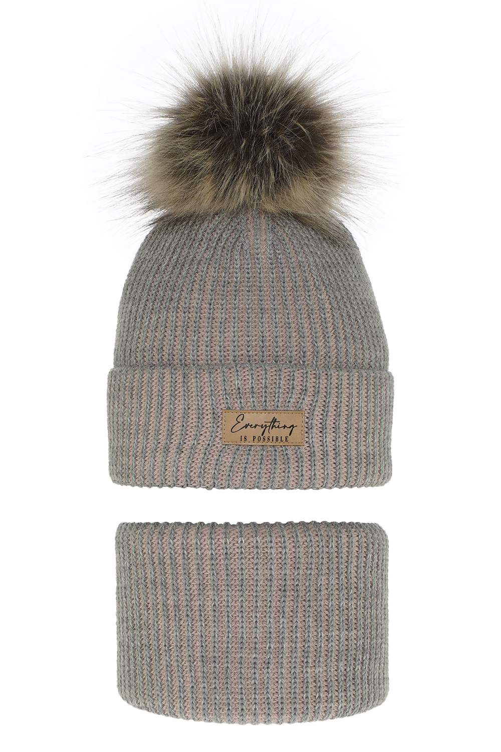 Set invernale bambina: berretto e scaldacollo, grigio, con pompon, Floryda