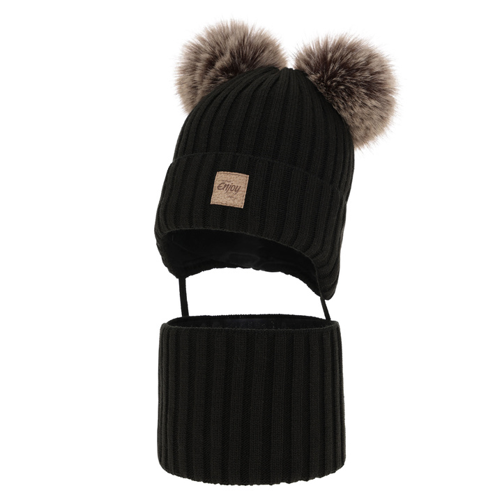 Set invernale bambino: berretto e scaldacollo, nero, con due pon pon, con lacci, Orange