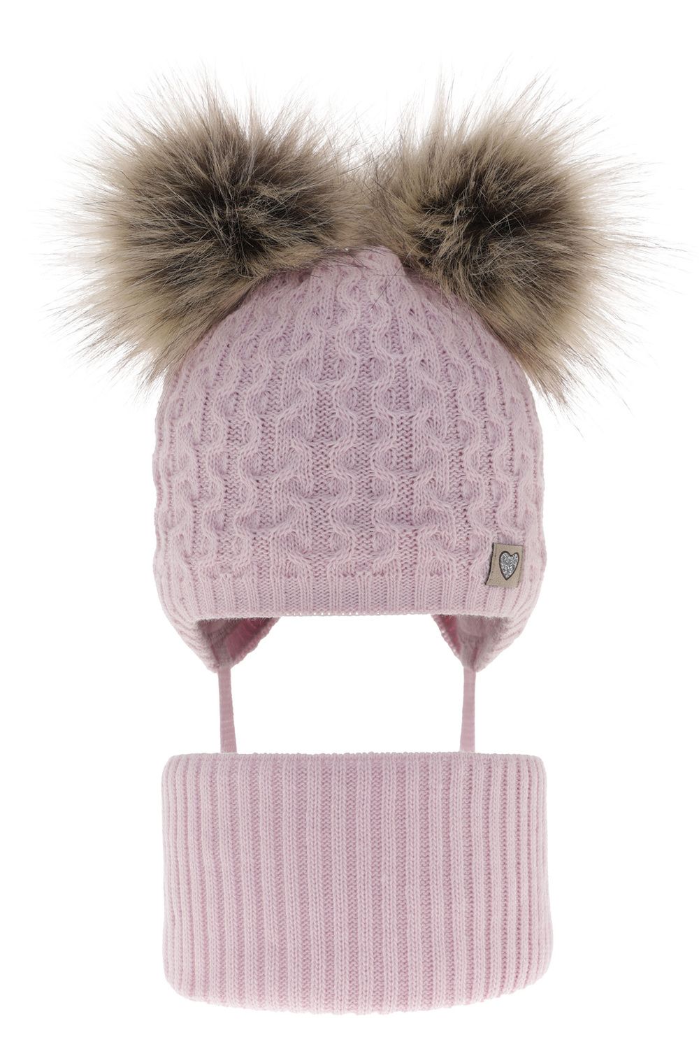 Set invernale bambina: berretto e scaldacollo, lilla, con due pon pon, con lacci, Poliana