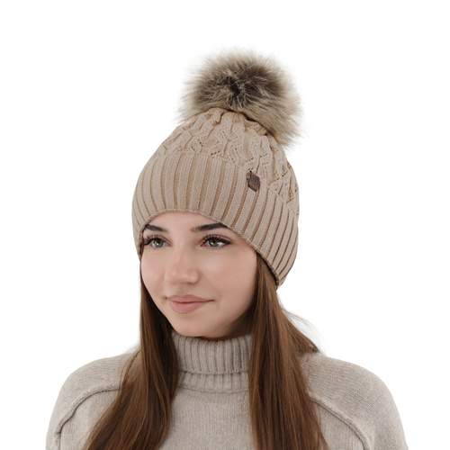 Berretto invernale donna, beige, con pompon, Katty