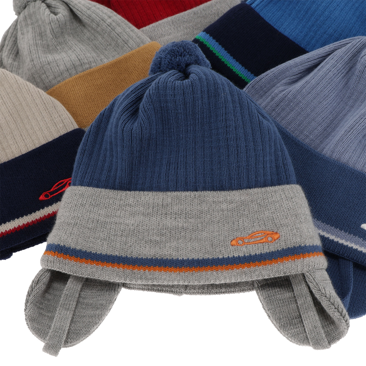 Berretto autunno/primavera bambino, azzurro, con lacci, con pompon, Jacob