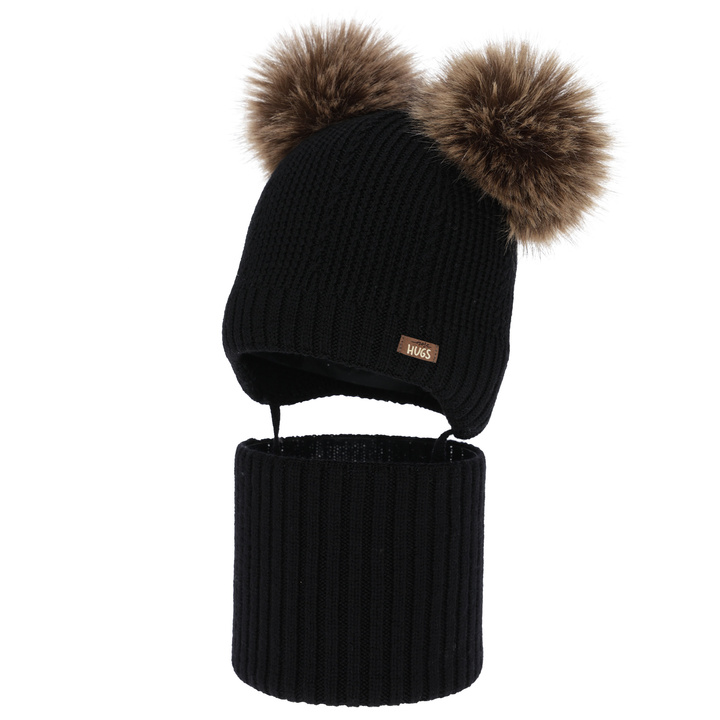 Set cappello e scaldacollo bambino, invernale, nero, 100% lana merino, foderato pile di lana, Lumio