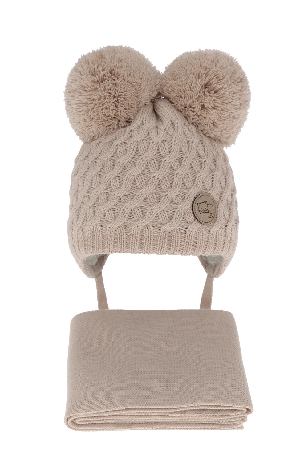 Set invernale bambina: berretto e sciarpa, beige, con due pon pon, con lacci, Anava
