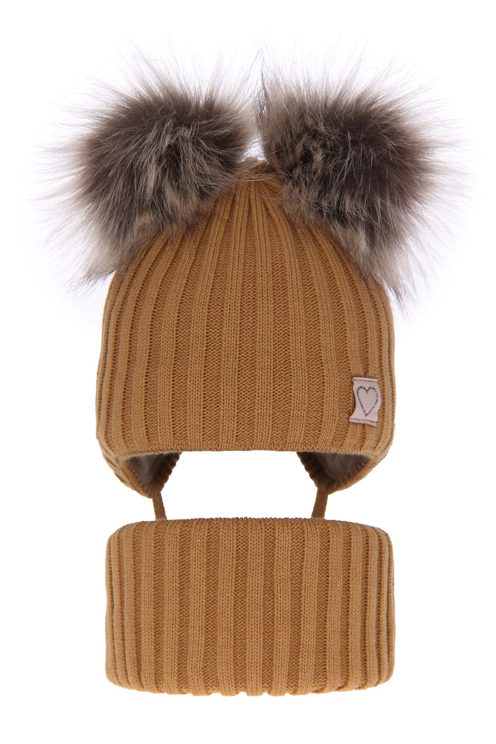 Set invernale bambina: berretto e scaldacollo, camel, con due pon pon, con lacci, Telisa