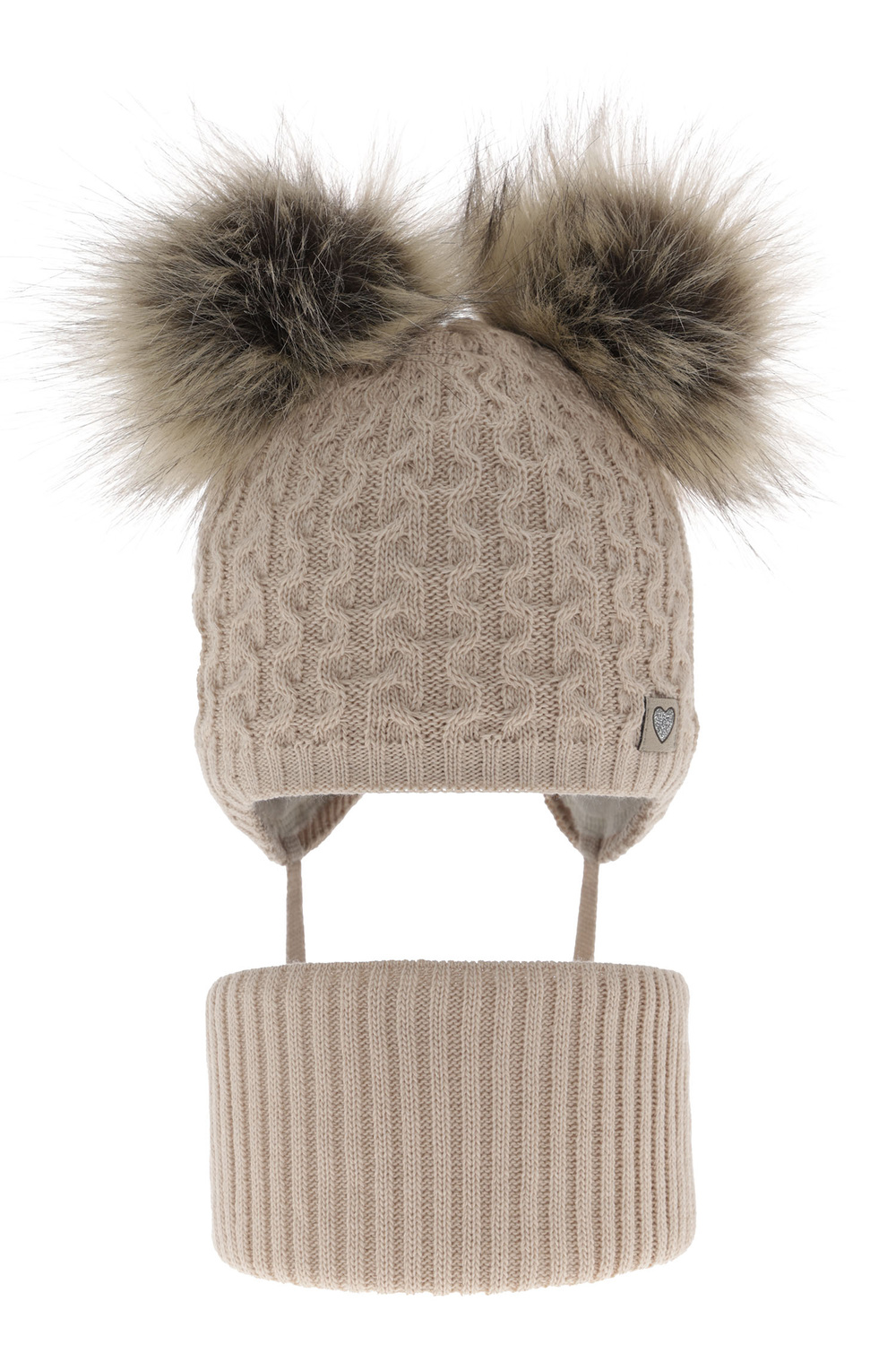 Set invernale bambina: berretto e scaldacollo, beige, con due pon pon, con lacci, Poliana