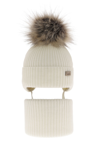 Set invernale bambina: berretto e scaldacollo, crema, con pompon, con lacci, Bria