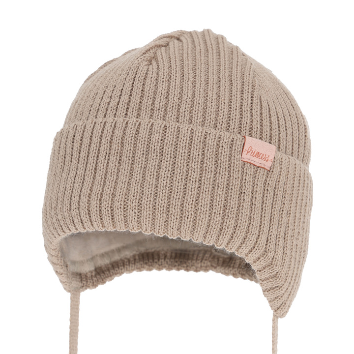 Berretto invernale bambina, beige, con lacci, con lana merino, Punia