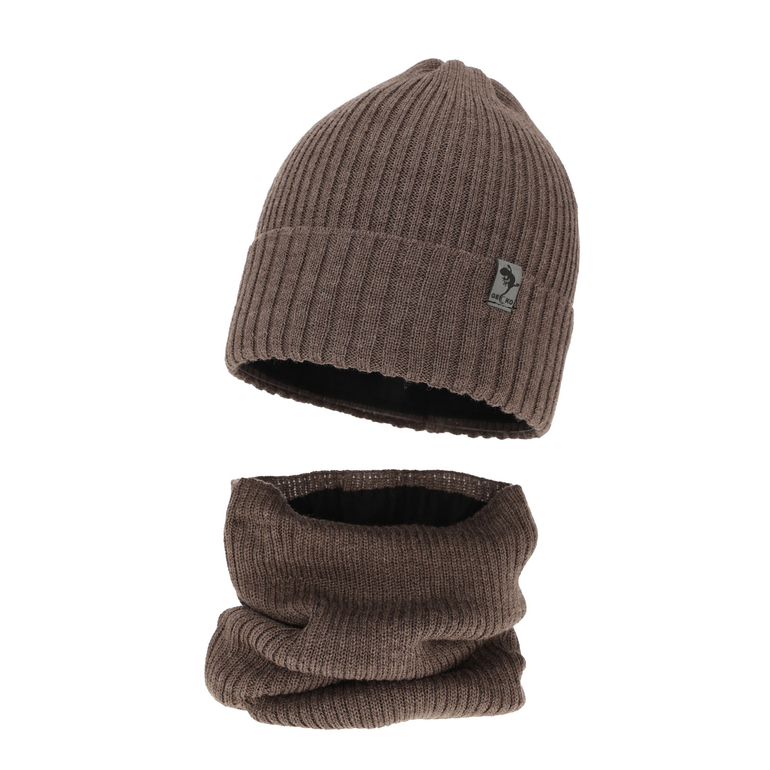 Set invernale bambino: berretto e scaldacollo, marrone, foderato in pile, 100% Lana Merino, Gecko