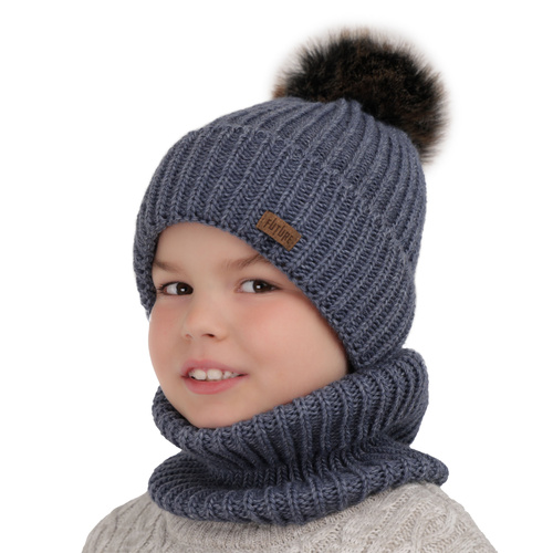 Set invernale bambino: berretto e scaldacollo, blu navy, con pompon, Wonder