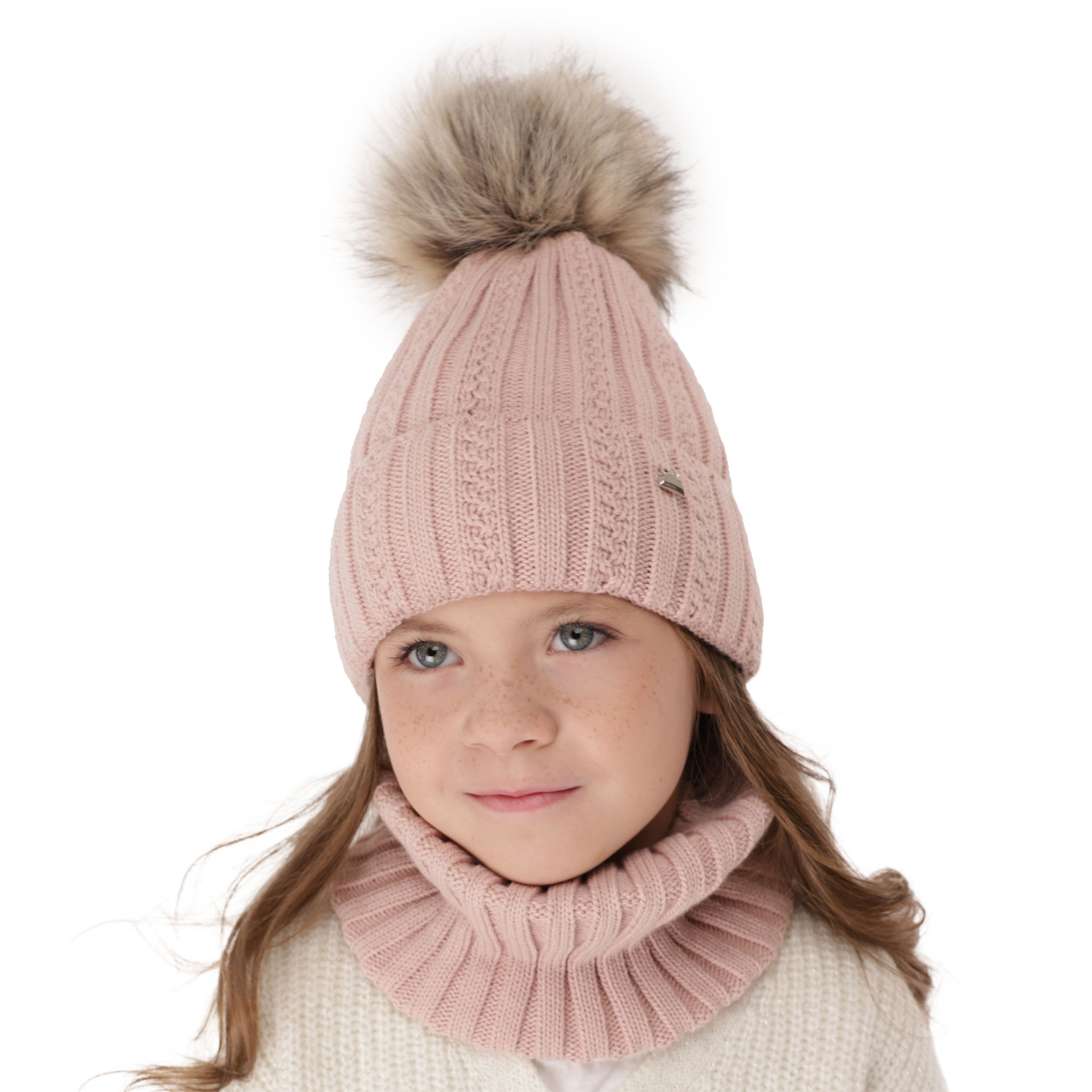 Set invernale bambina: berretto e scaldacollo, beige, con pompon, Wirginia