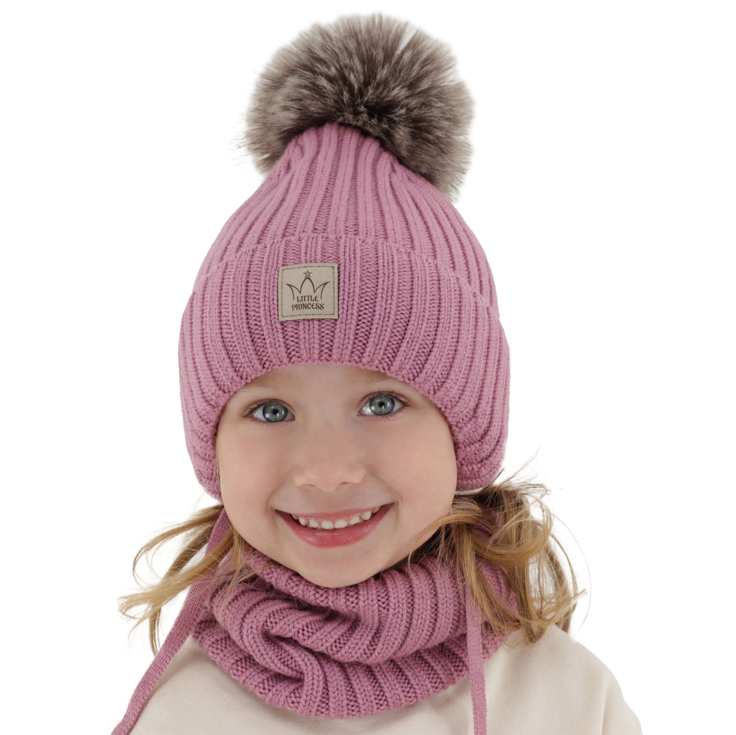 Set invernale bambina: berretto e scaldacollo, grigio, 100% Lana Merino, con lacci, foderato in pile, Martina