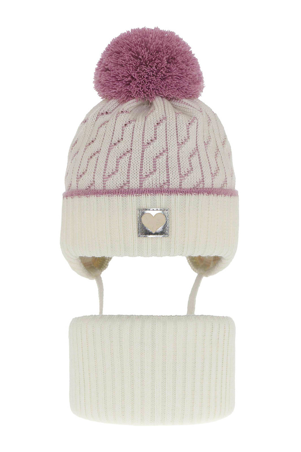Set invernale bambina: berretto e scaldacollo, crema, con pompon, Natka