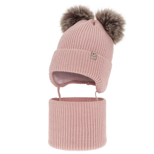Set invernale bambina: berretto e scaldacollo, rosa, con due pon pon, con lacci, Zori