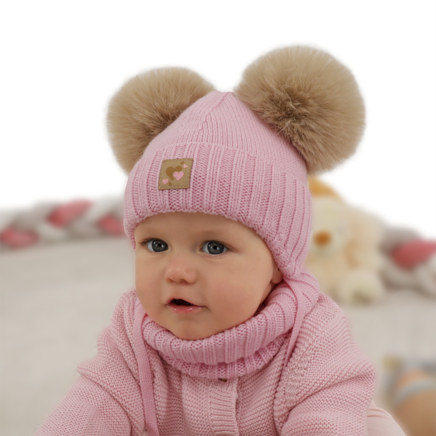 Set cappello e scaldacollo bambina, invernale, crema, 100% lana merino, foderato pile di lana, Ronia