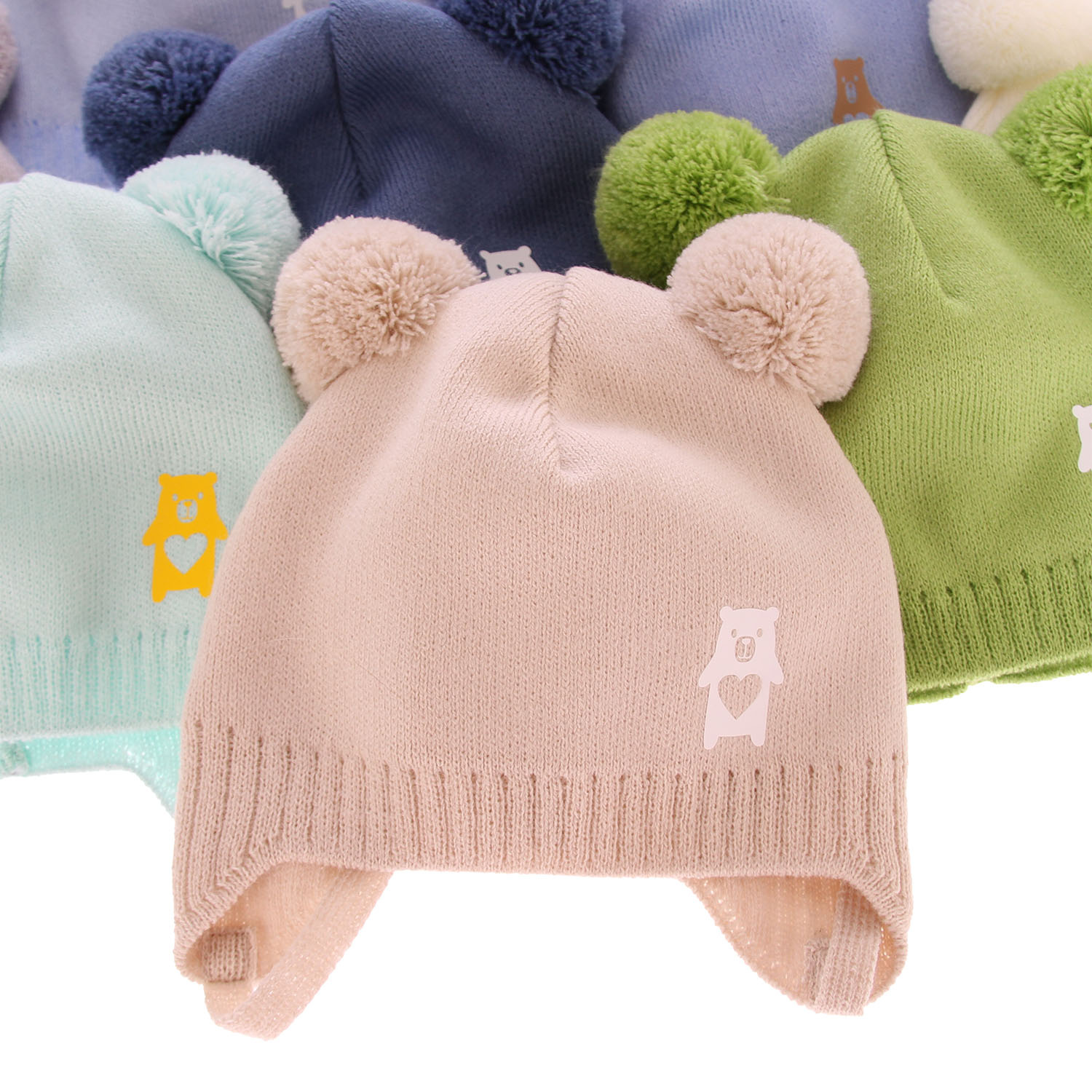 Berretto autunno/primavera bambino, blu, con due pon pon, con lacci, Barney