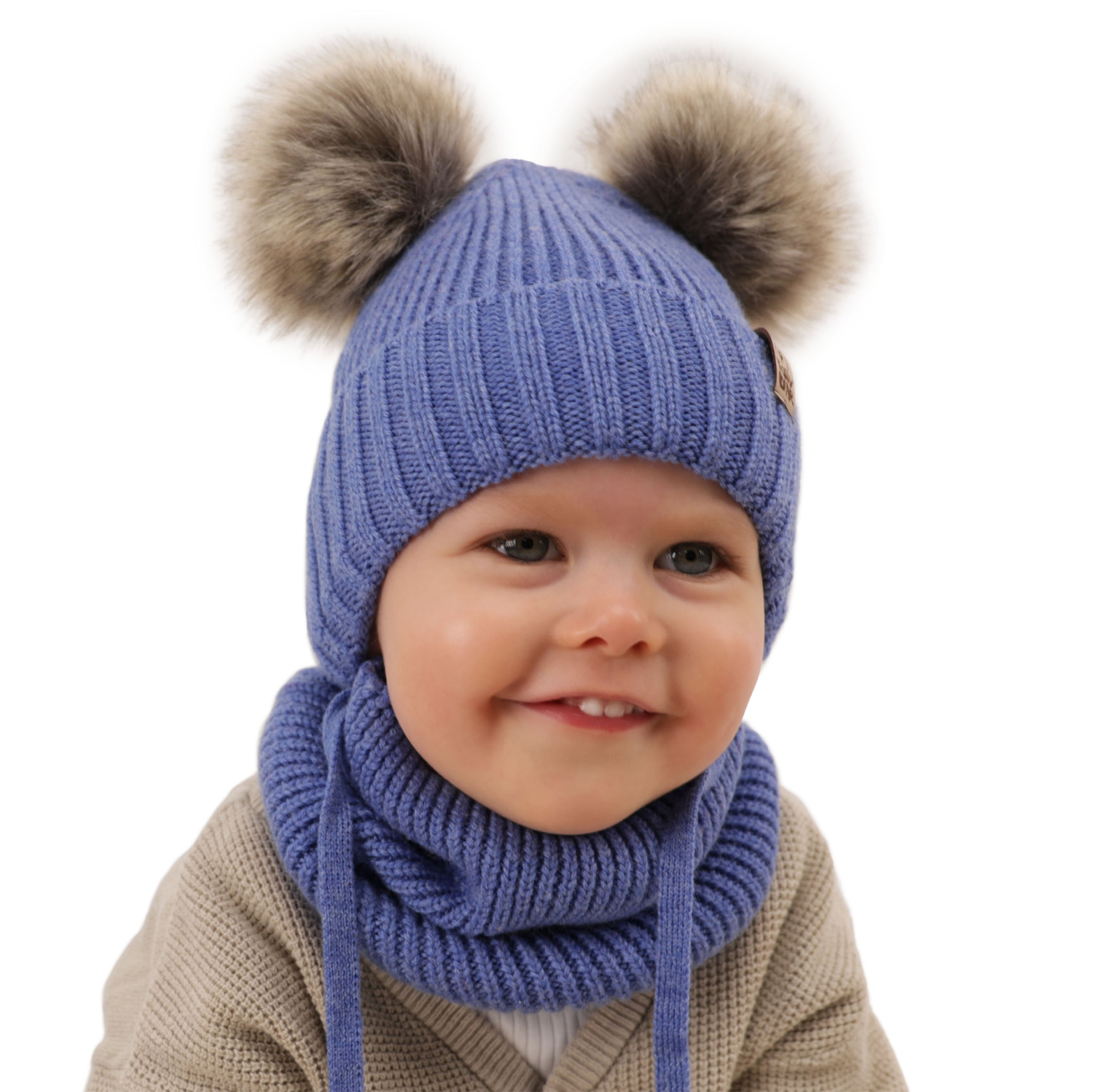 Set invernale bambino: berretto e scaldacollo, crema, con lacci, 100% Lana Merino, Konor