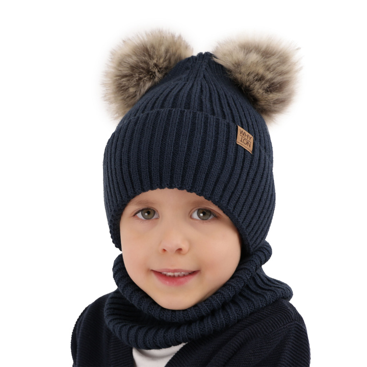 Set invernale bambino: berretto e scaldacollo, blu scuro, con due pon pon, Oxford