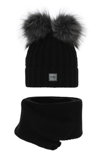 Set invernale bambina: berretto e sciarpa, nero, con due pon pon, Zenda