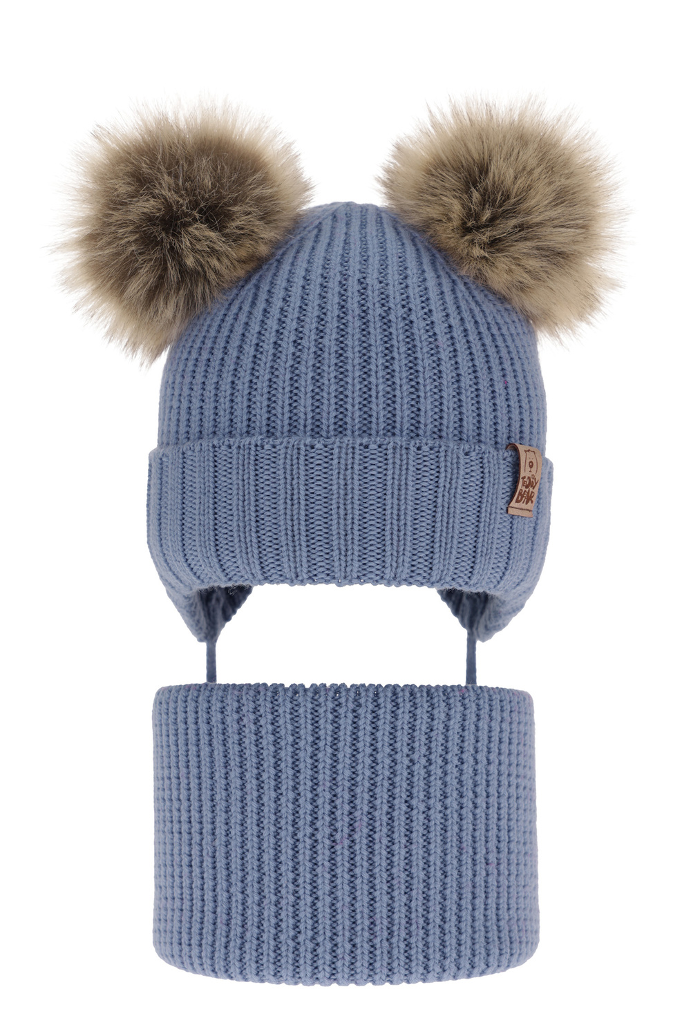 Set invernale bambino: berretto e scaldacollo, blu, con lacci, 100% Lana Merino, Konor