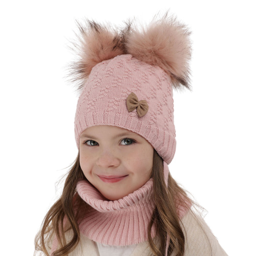 Set invernale bambina: berretto e scaldacollo, rosa, con due pon pon, con lacci, Bettina