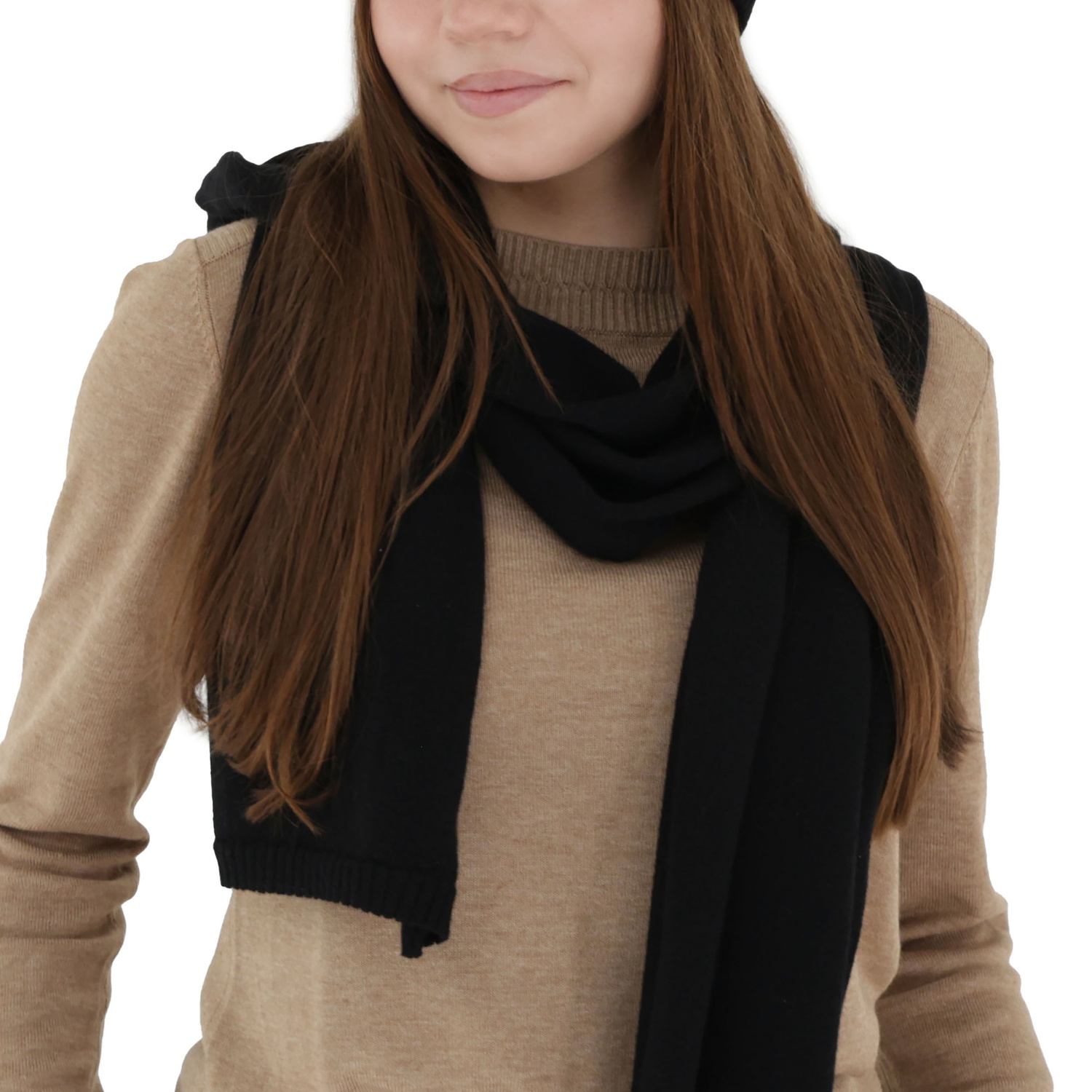 Sciarpa invernale donna, nero, lana merino con cashmere, Irenia