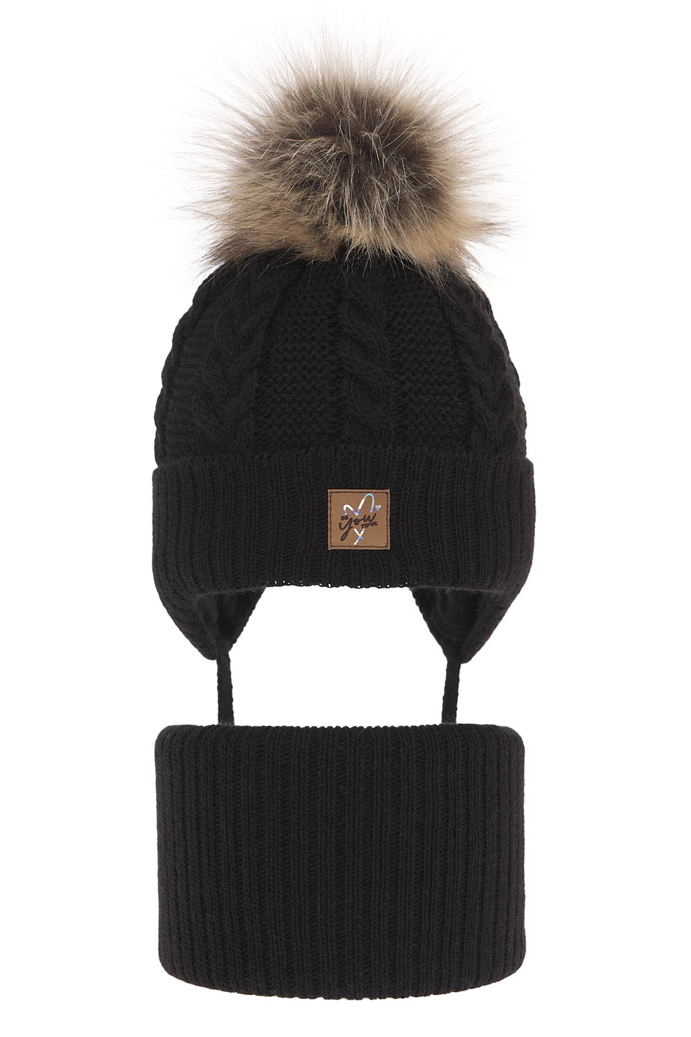 Set invernale bambina: berretto e scaldacollo, nero, con pompon, con lacci, Finess