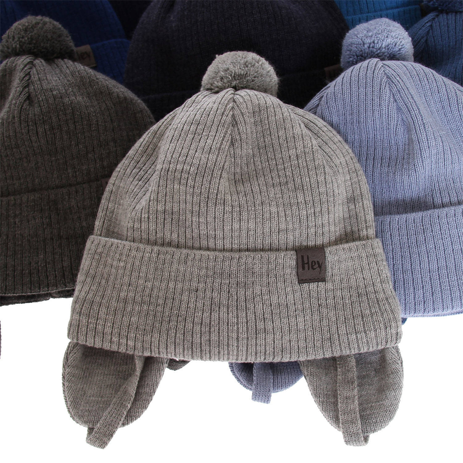 Berretto autunno/primavera bambino, grigio, con pompon, con lacci, Axel