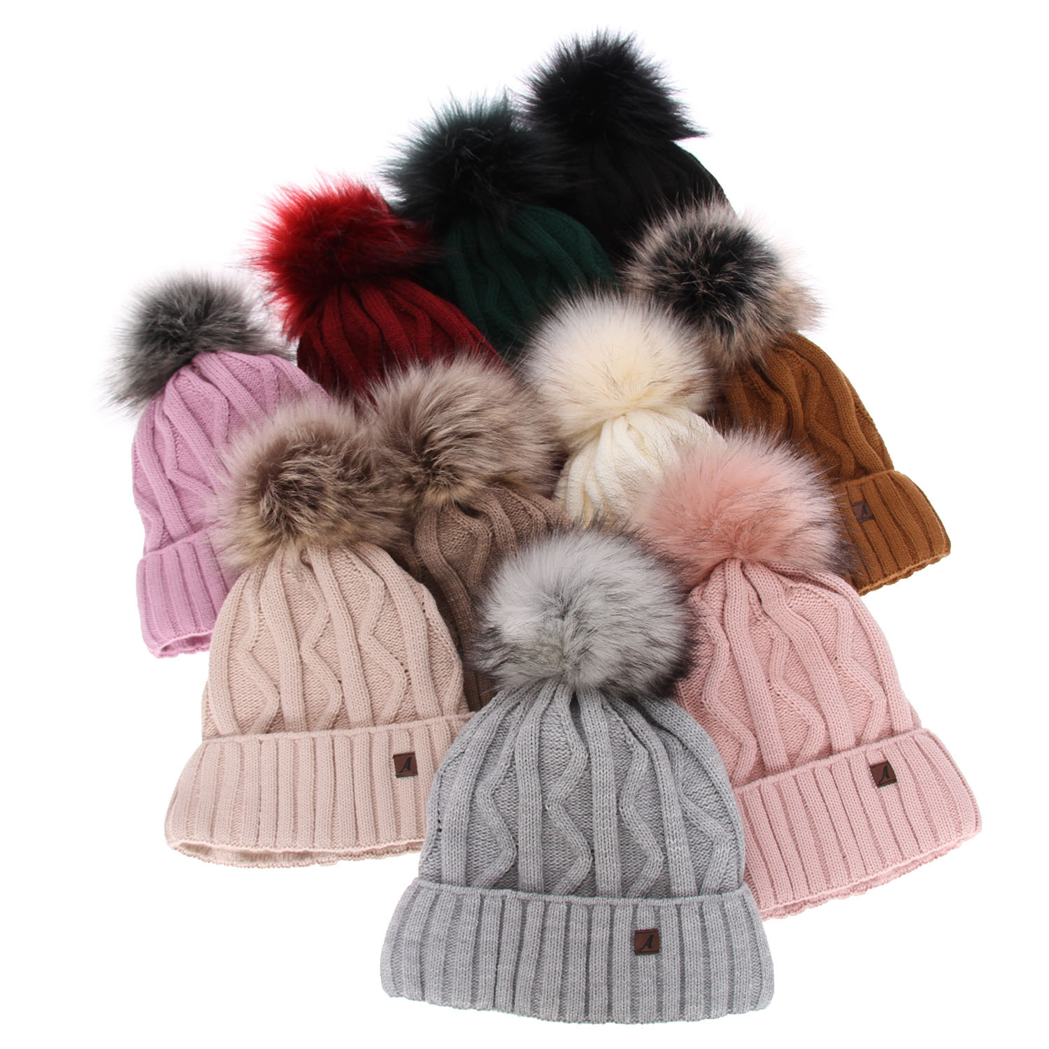 Berretto invernale donna, beige, con pompon, Renika