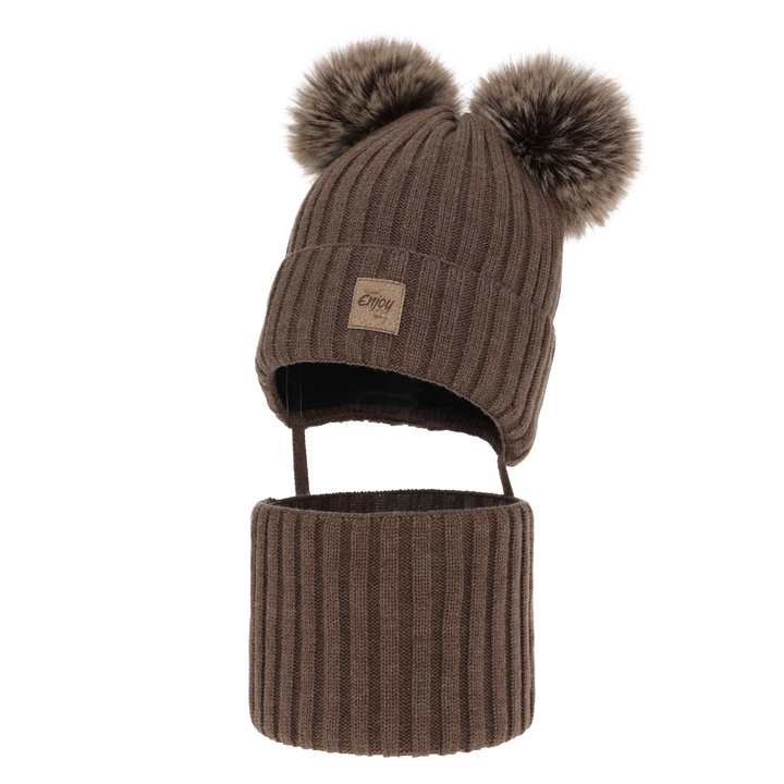 Set invernale bambino: berretto e scaldacollo, marrone, con due pon pon, con lacci, Orange
