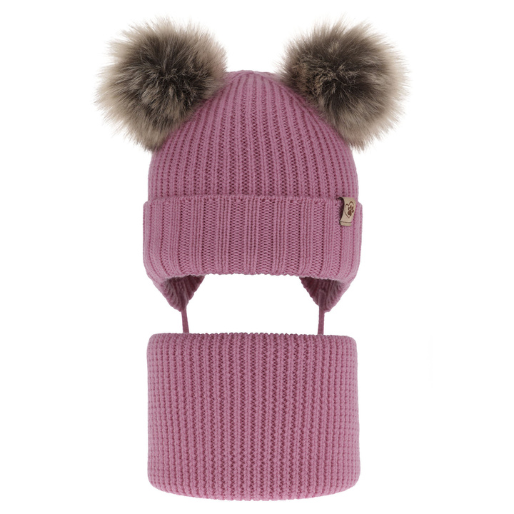 Set invernale bambina: berretto e scaldacollo, grigio, con due pon pon, 100% Lana Merino, Silvia