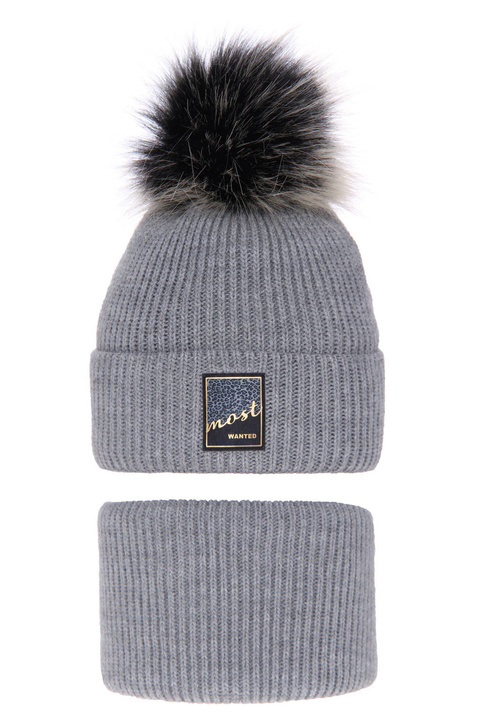 Set invernale bambina: berretto e scaldacollo, grigio, con pompon, Sycylia