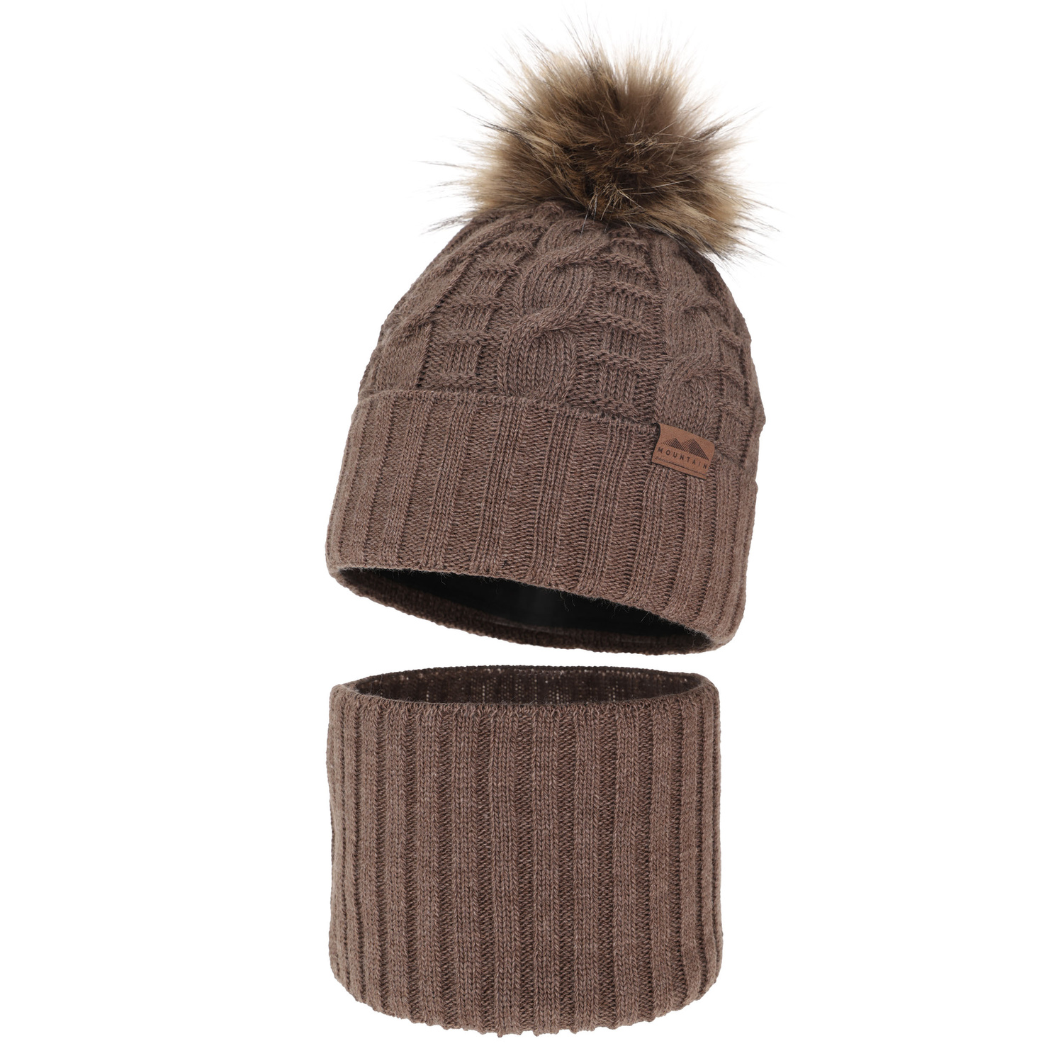 Set invernale bambino: berretto e scaldacollo, marrone, con pompon, Cent