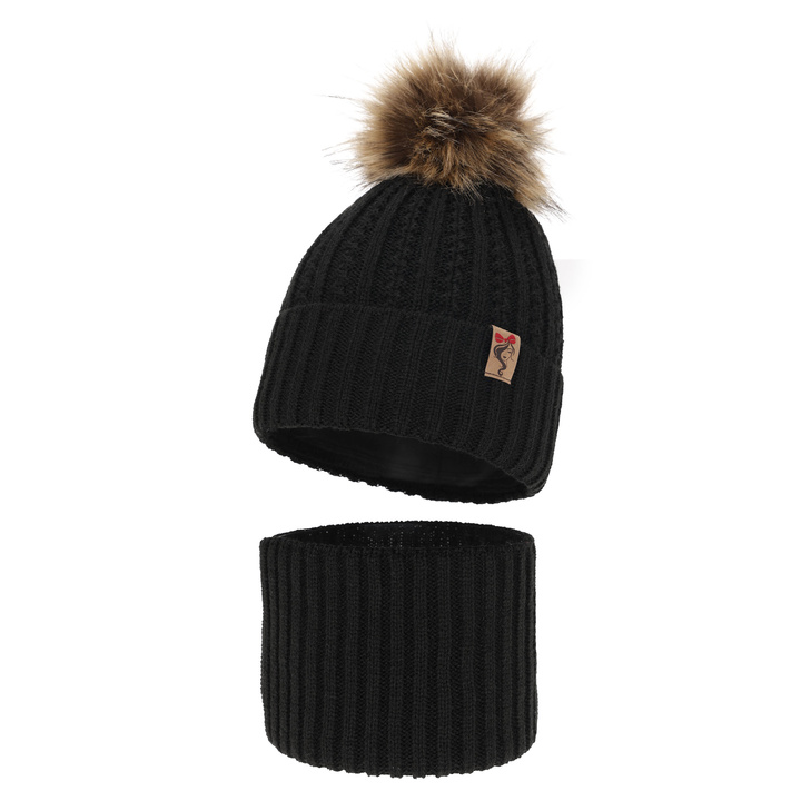 Set invernale bambina: berretto e scaldacollo, nero, con pompon, Larina