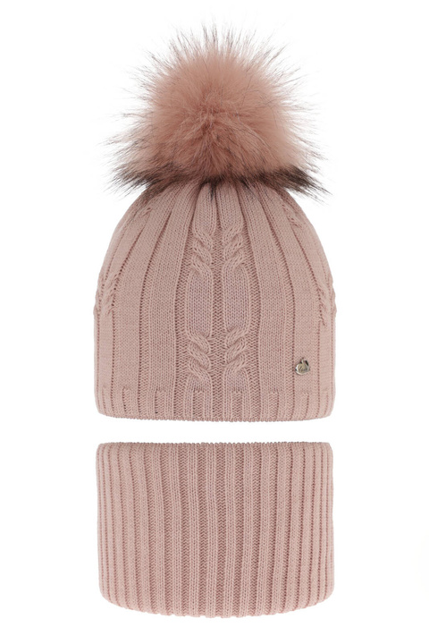 Set invernale bambina: berretto e scaldacollo, rosa, con pompon, Amaltea