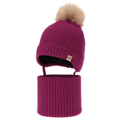 Set invernale bambina (berretto e scaldacollo), amaranto, 100% Lana Merino, foderato in pile di lana, con lacci Danielle