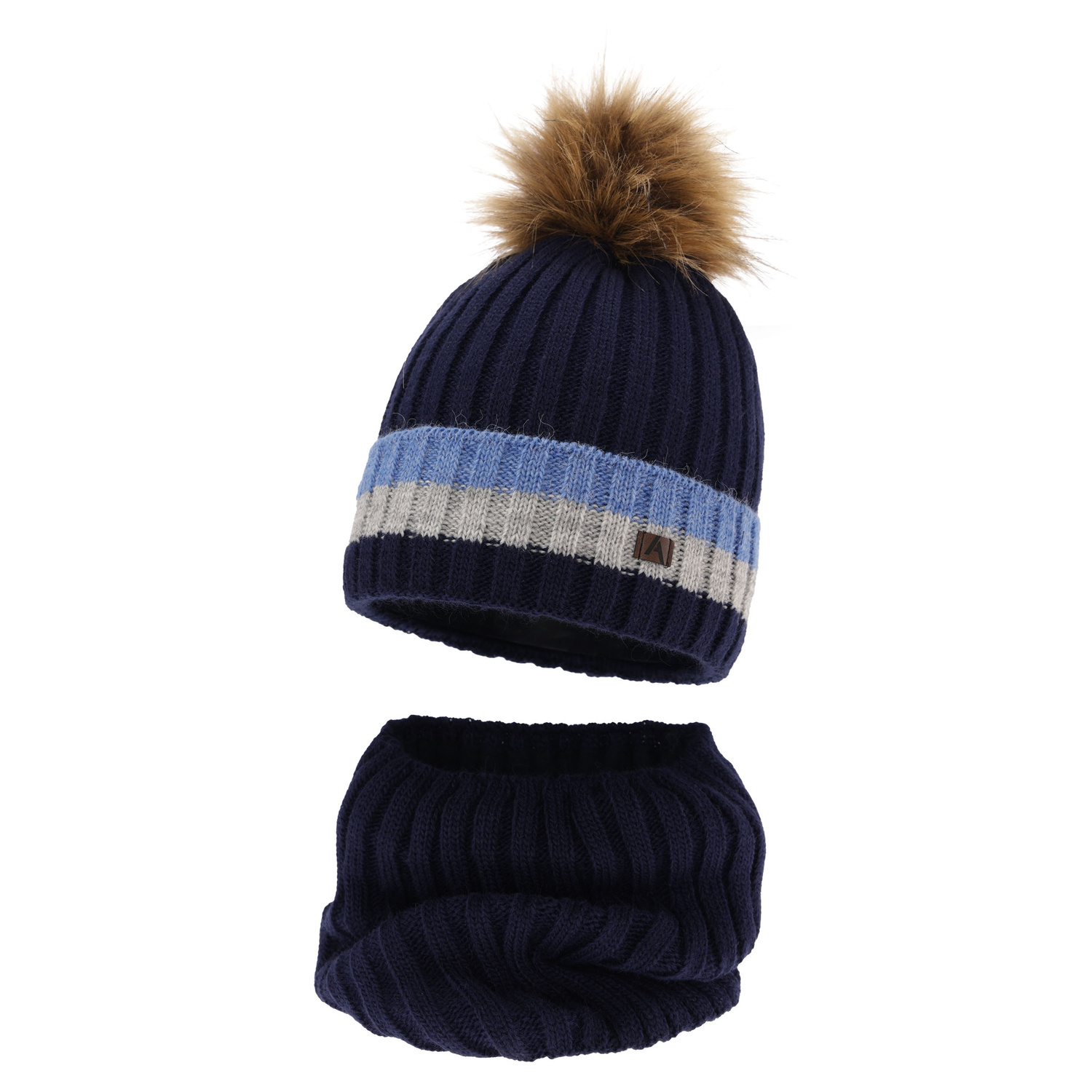 Set invernale bambino: berretto e scaldacollo, blu scuro, con pompon, Beno