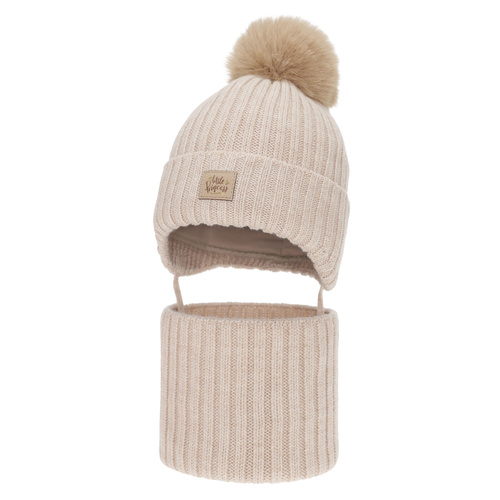 Set invernale bambina: berretto e scaldacollo, beige, 100% Lana Merino, con lacci, foderato in cotone, Malesia