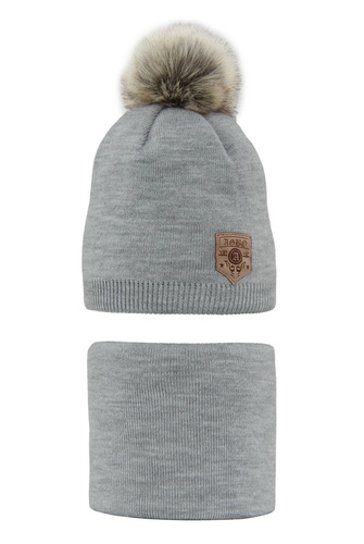 Set invernale bambino: berretto e scaldacollo, grigio, con pompon, Apolin