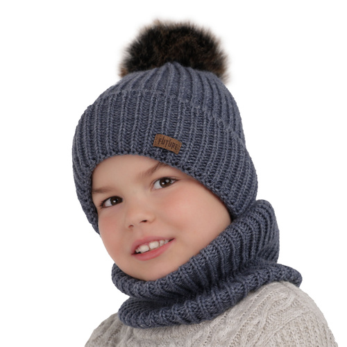 Set invernale bambino: berretto e scaldacollo, grigio scuro, con pompon, Wonder