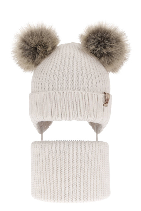 Set invernale bambino: berretto e scaldacollo, bianco, 100% Lana Merino, con lacci, Konor