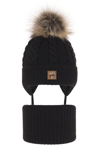Set invernale bambina: berretto e scaldacollo, nero, con pompon, con lacci, Finess