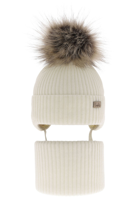 Set invernale bambina: berretto e scaldacollo, crema, con pompon, con lacci, Bria