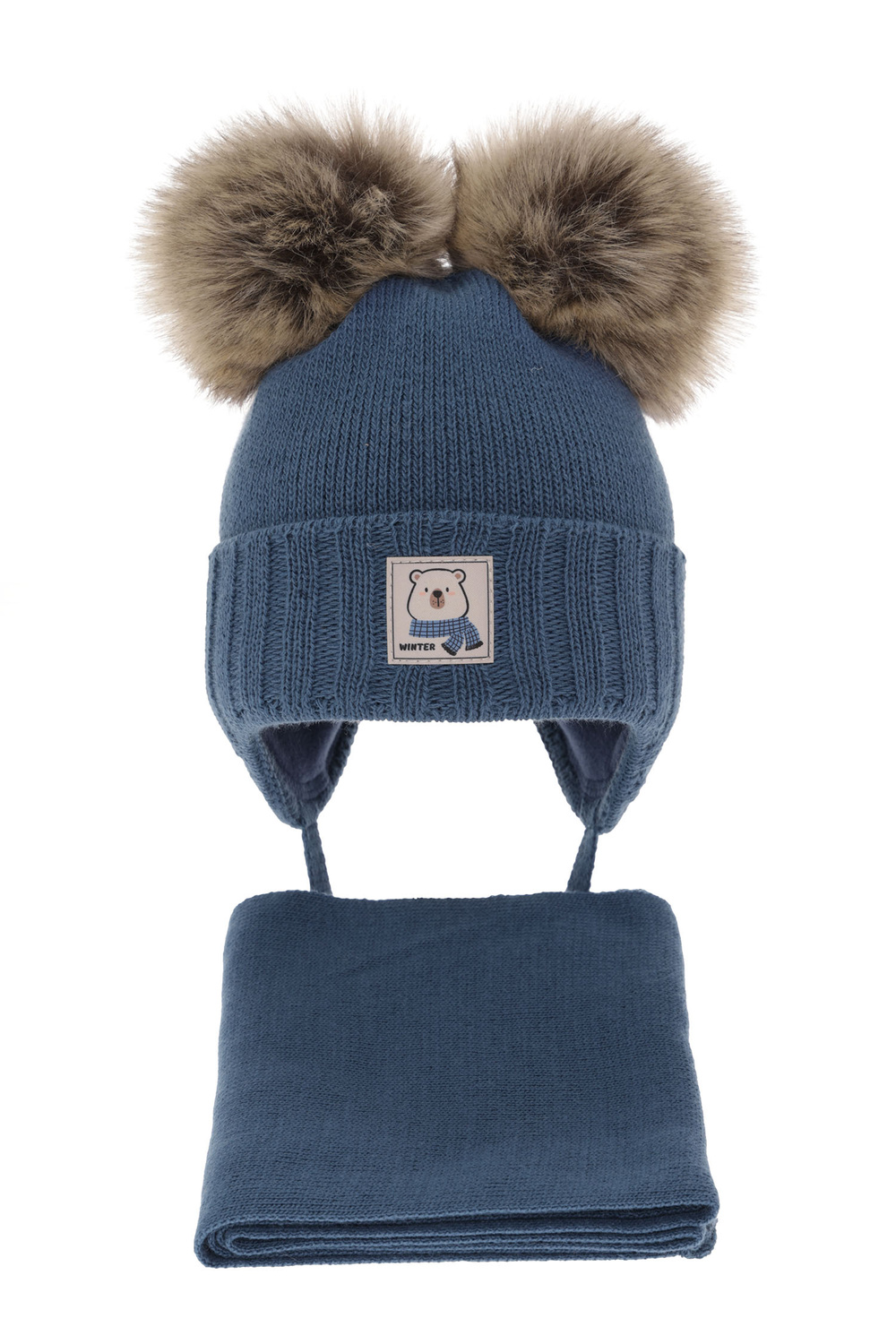 Set invernale bambino: berretto e sciarpa, blu, con due pon pon, Jewel