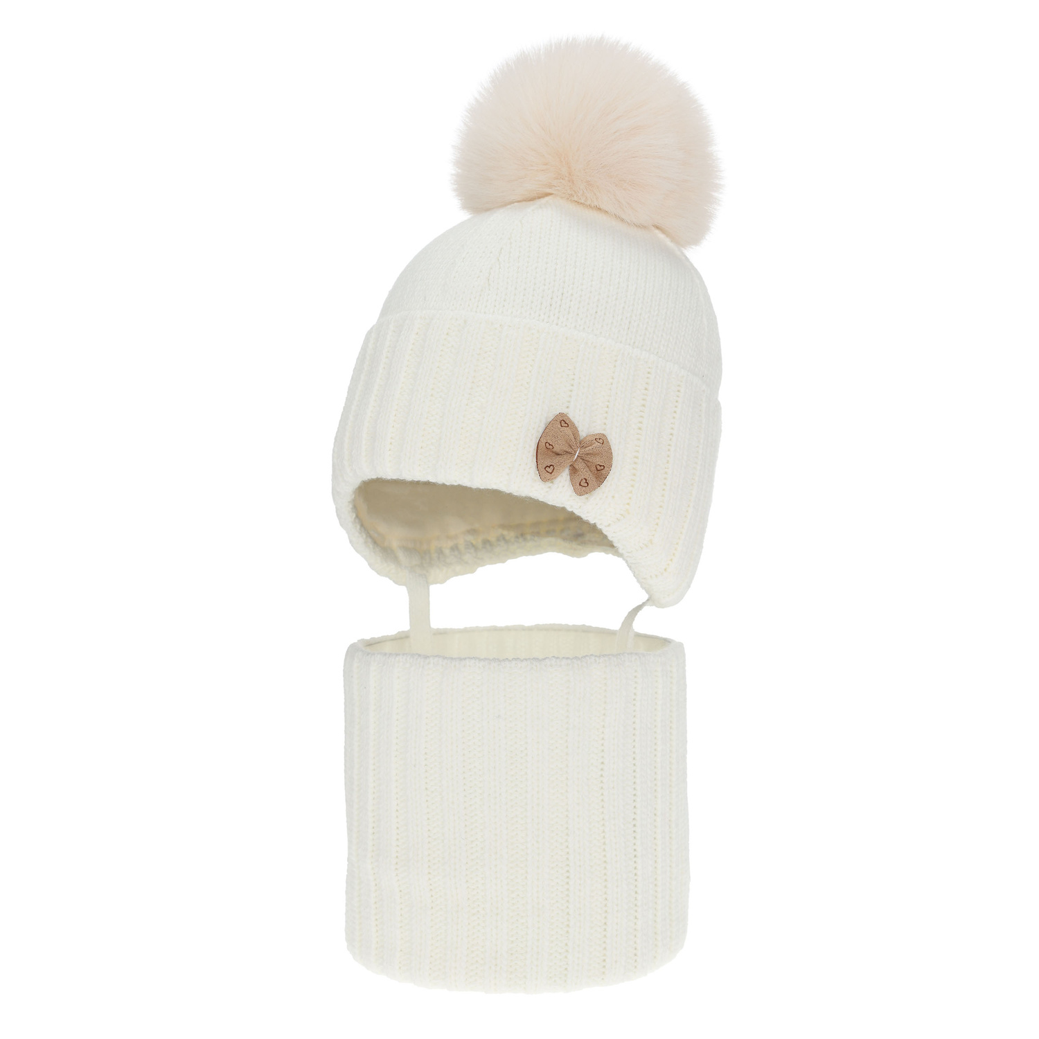 Set invernale bambina: berretto e scaldacollo, crema, con pompon, Talena