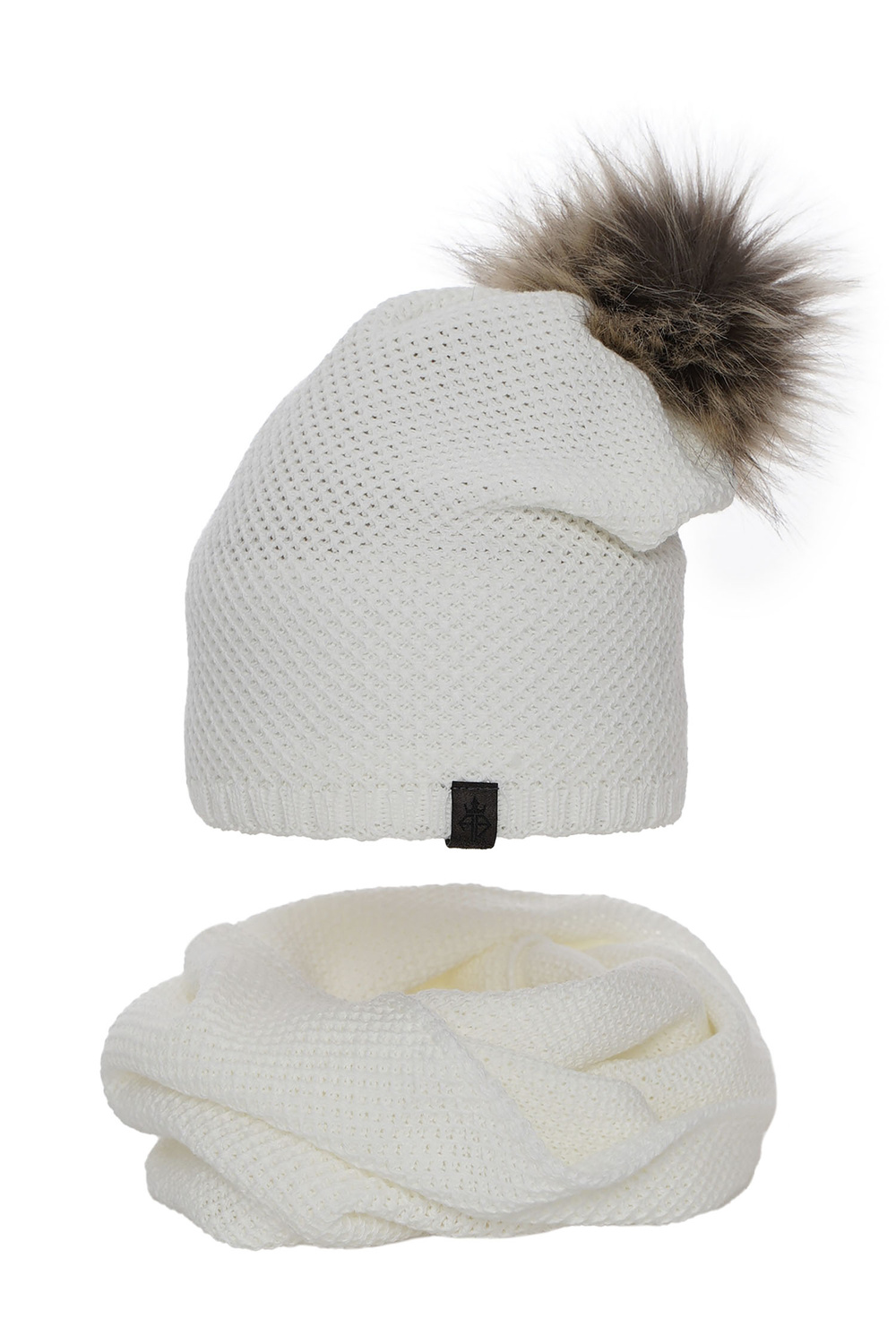 Set invernale donna: berretto e scaldacollo, bianco, con pompon, Kaliana