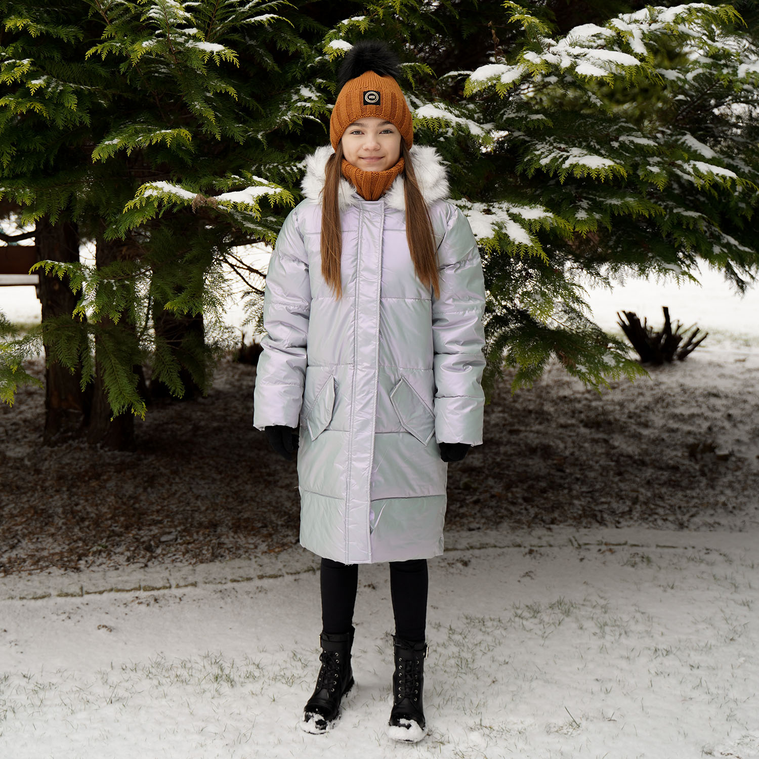 Set invernale bambina: berretto e scaldacollo, marrone, con pompon, Hendi