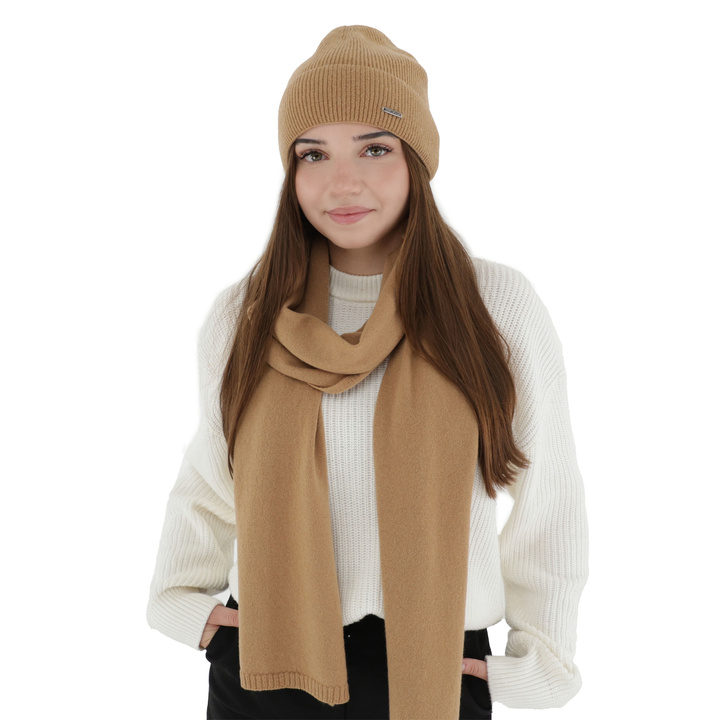 Sciarpa invernale donna, camel, lana merino con cashmere, Irenia